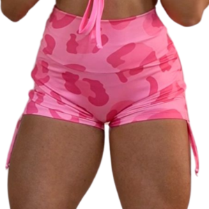 Ruched Side Tie Shorts- Pink Leopard