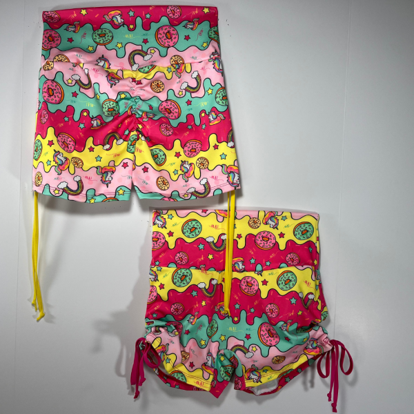 Ruched Side Tie Shorts- Donuts Rainbows & Unicorns - Image 2