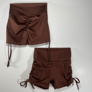 Ruched Side Tie Shorts- Brown