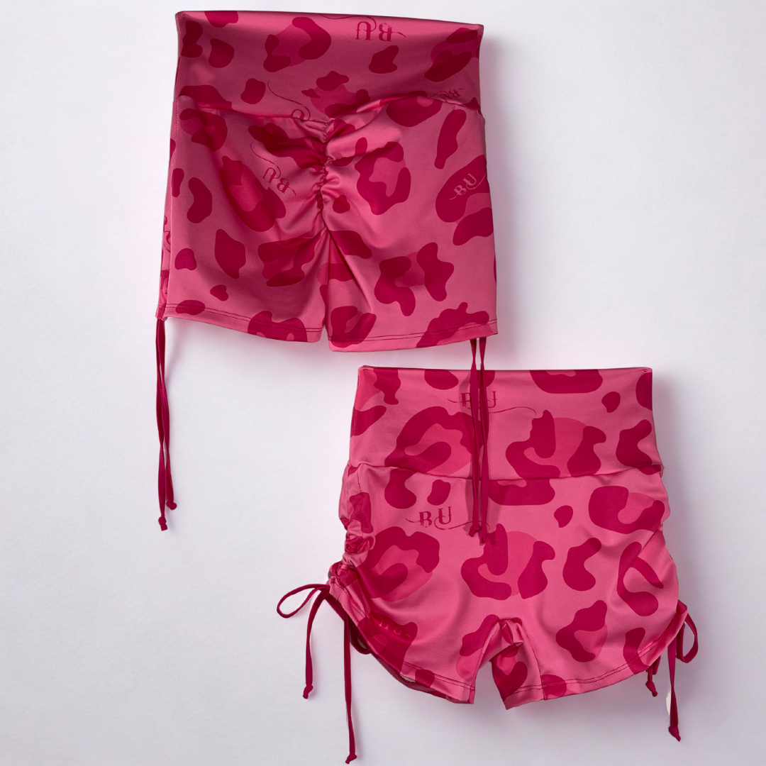 Ruched Side Tie Shorts- Pink Leopard - Image 2