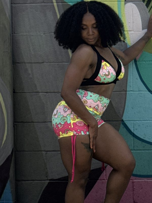 Ruched Side Tie Shorts- Donuts Rainbows & Unicorns